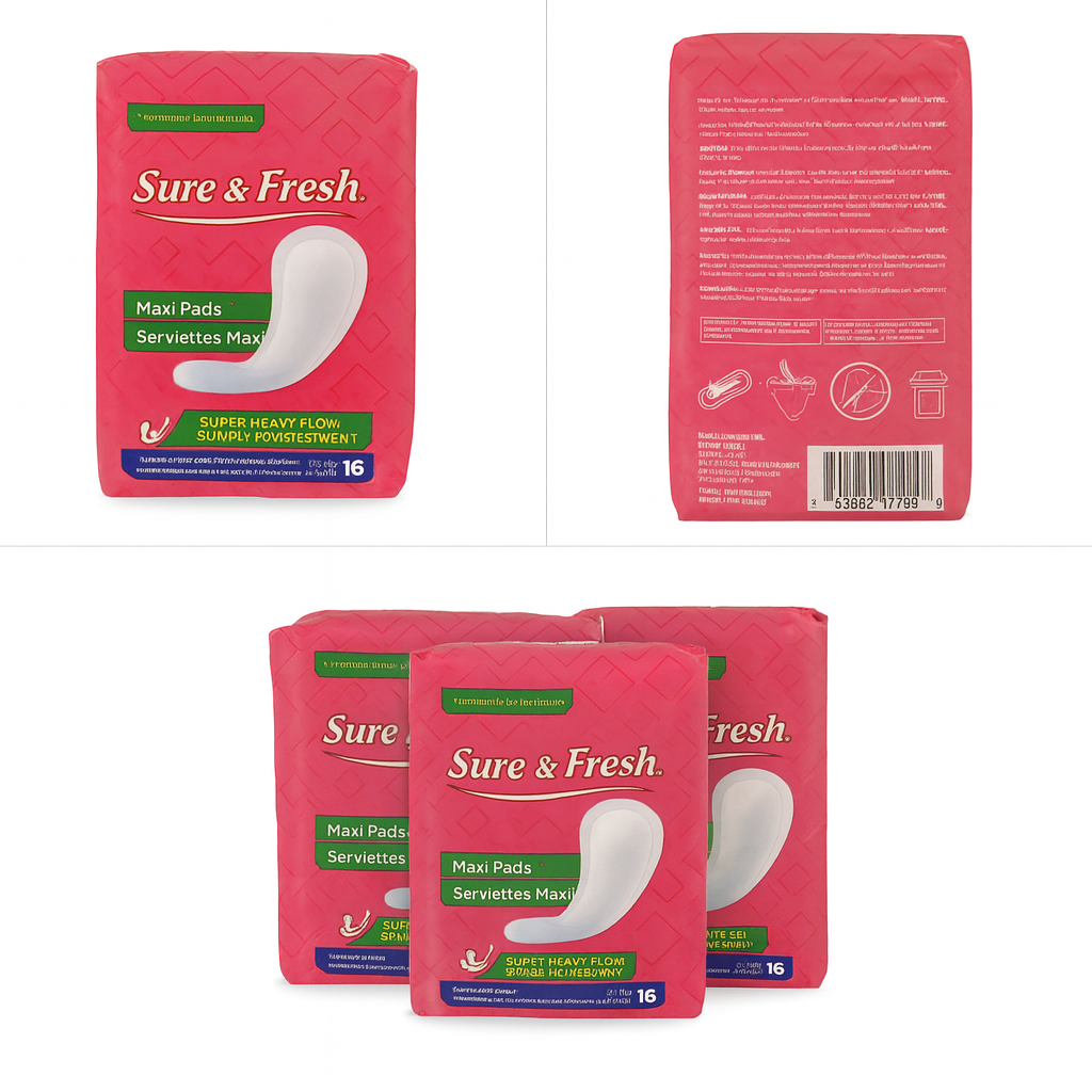 Sure & Fresh Maxi Pads – Unscented Super Heavy Flow (Pack of 3, 16 Pads Each)