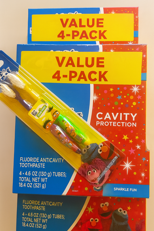 Sesame Street Kids Toothbrush & Cavity Protection Toothpaste Bundle – 4-Pack