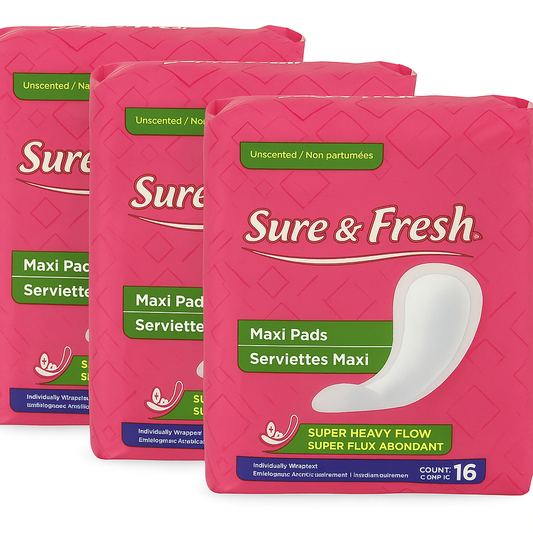 Sure & Fresh Maxi Pads – Unscented Super Heavy Flow (Pack of 3, 16 Pads Each)