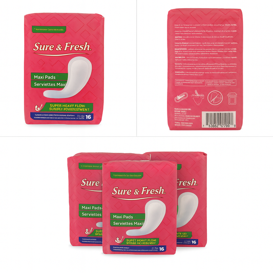 Sure & Fresh Maxi Pads – Unscented Super Heavy Flow (Pack of 3, 16 Pads Each)
